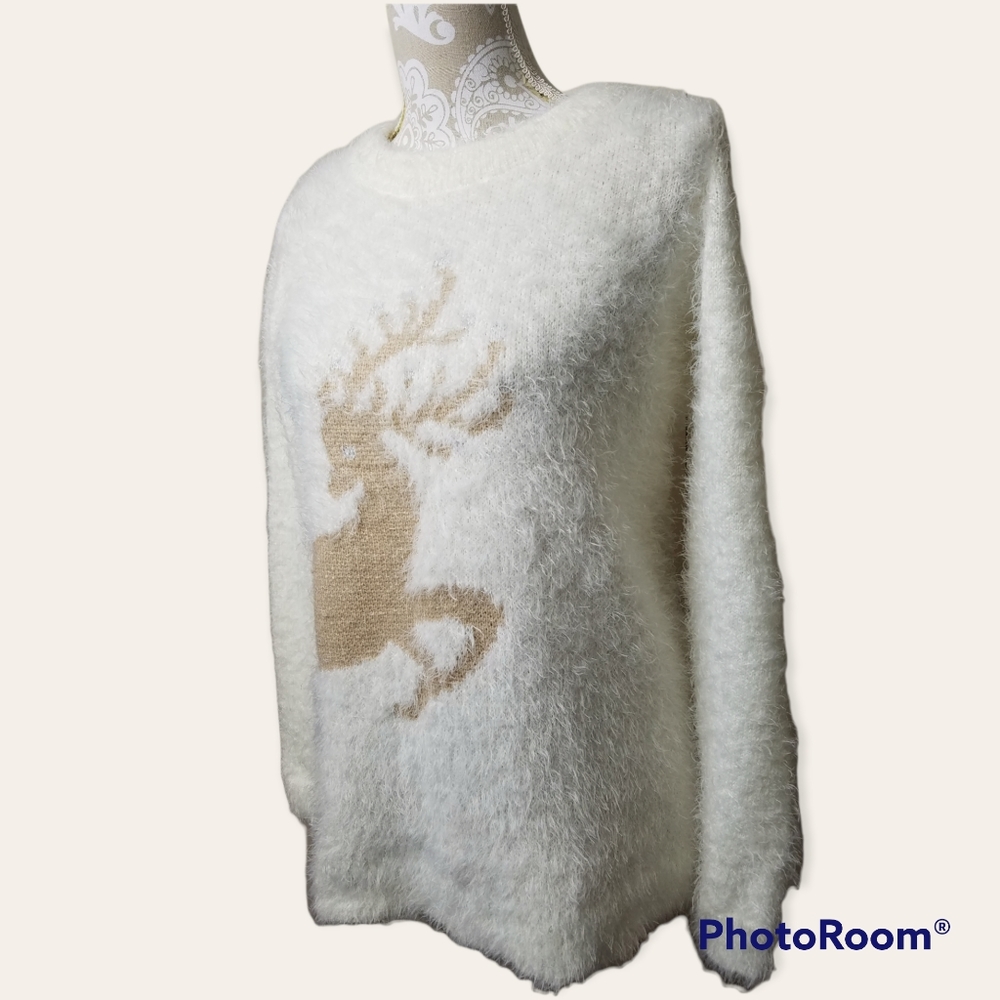 French Laundry Holiday Creme Winter White Sweater with Deer Print Size Small